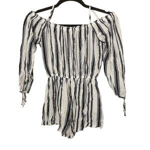 Striped Off-Shoulder Romper For Women By Elodie - Size M Rayon Navy & White